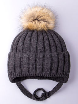Шапка детская вязаная с рыжим помпоном, на завязках, вязка лапша, антрацит