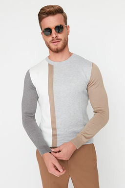 Gri Slim Fit Pamuklu Bisiklet Yaka Renk Bloklu Triko Kazak TMNAW21KZ0566