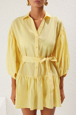 TRENDYOLMILLA Mavi Mini Dokuma %100 Pamuk Balon Kollu Plaj Elbisesi TBESS25EL00034  фото 10