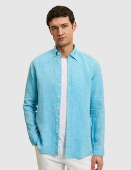 Turkuaz Regular Fit Yakas_ D__meli %100 Keten G_mlek
