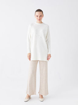 Bisiklet Yaka Bask?l? Uzun Kollu Kad?n Triko Tunik