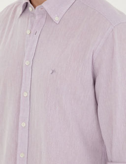Рубашка приталенного кроя из смесового льна сиреневого цвета с длинным рукавом - Cacharel фото 7