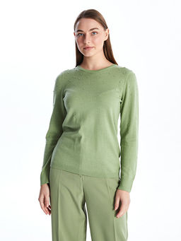 Bisiklet Yaka Kendinden Desenli Uzun Kollu Kad?n Triko Kazak