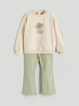 Bisiklet Yaka Bask?l? K?z Bebek Sweatshirt ve Tayt 2li