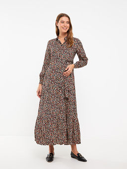 G?mlek Yaka Desenli Uzun Kollu Viskon Hamile Elbise