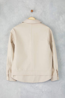 Ekru Oversize Kal?p Fonksiyonel Giyilebilir Suni Deri Ince Ceket Mont TWOAW26MO00068 - Trendyolmilla фото 2