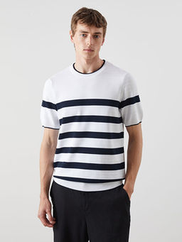 Bisiklet Yaka K?sa Kollu ?izgili Erkek Triko Kazak