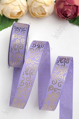 Лента репсовая 2,5 см*20 ярд "Узор" SF-5852, фиолетовый/золото №21