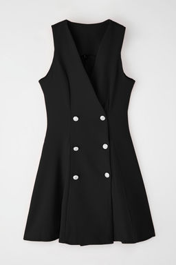 Siyah Dugmeli Mini Dokuma Ceket Elbise TWOSS25EL00117