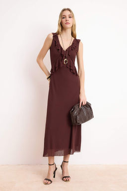 Sar? A-Kesim/Can Form V Yaka Kolsuz Volanl?/F?rf?rl? Midi Kopuk Orme Elbise TWOSS26EL00212 - Trendyolmilla фото 5