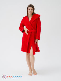 Махровый женский укороченный халат с капюшоном красный МЗ-01 (67)