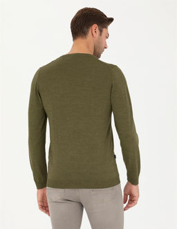 A__k Ye_il Slim Fit Bisiklet Yaka Y_n Kar___ml_ Basic Triko Kazak