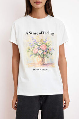 Ekru Cicekli Regular/Normal Kal?p Dusuk Kol K?sa Kollu %100 Pamuk Orme T-shirt TWOSS26TS00072 - Trendyolmilla фото 3