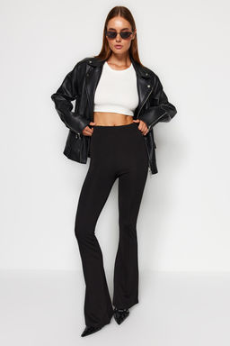 Siyah Beli Lastikli Nervurlu Flare/Ispanyol Paca Yuksek Bel Orme Tayt Pantolon TWOAW22PL0107
