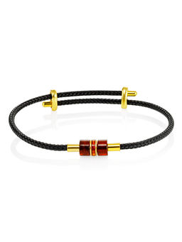 Необычный браслет на твёрдой плетёной основе с янтарной вставкой