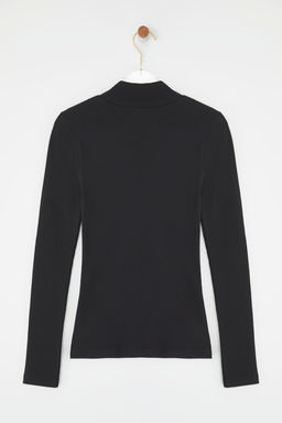 Siyah Fitted/Vucuda Oturan Dik Yaka Uzun Kol Fitilli Esnek Orme Bluz TWOAW21BZ0423