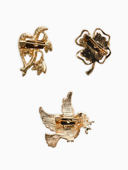 Броши "Голубь, клевер, подснежник" (набор 3шт), цветной в золоте