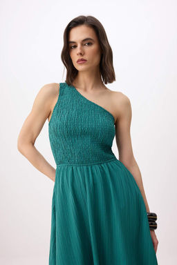 Petrol Duz Etegi Belden Ac?lan Gipeli Midi Dokuma Elbise TWOSS23EL01830