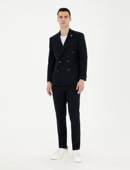 Lacivert Ekstra Slim Fit _izgili Kruvaze Tak_m Elbise