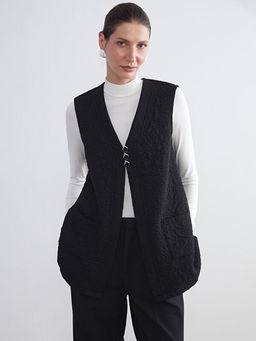 V Yaka Kendinden Desenli Kad?n Yelek