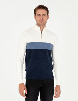 Lacivert Slim Fit Fermuarl_ Dik Yaka Triko Kazak