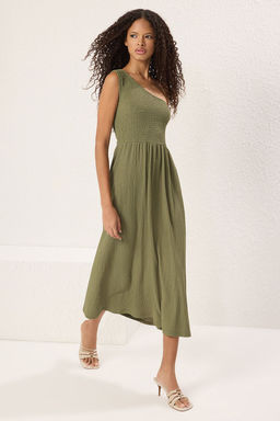 Siyah Duz Gipeli Midi Tek Kol Burumcuk/Dokulu Orme Elbise TWOSS25EL00540 - Trendyolmilla фото 8