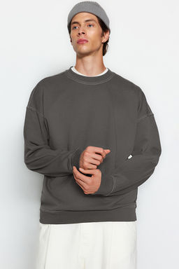 Antrasit Oversize/Genis Kesim Kontrast Dikis Detayl? Bisiklet Yaka Sweatshirt TMNAW24SW00011