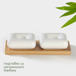 Набор для специй на бамбуковой подставке BellaTenero, 3 предмета: солонка 60 мл, перечница 60 мл, подставка, фарфор, белый  фото 2