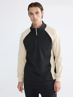 Dik Yaka Renk Bloklu Erkek Sweatshirt
