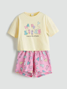 Bask?l? K?z ?ocuk ?ortlu Pijama Tak?m