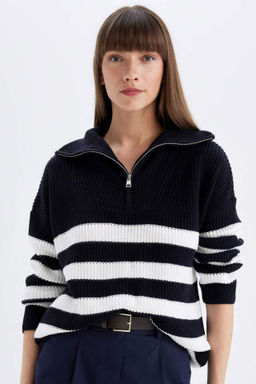 Relax Fit Cizgili Yar?m Fermuarl? Selanik Kumas Triko Kazak - Defacto фото 2