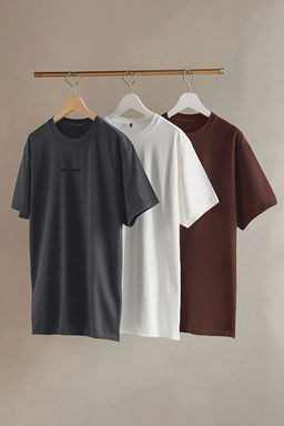 Beyaz-Antrasit-Koyu Kahverengi 3l_ Paket Regular Fit Bask_l_ %100 Pamuklu T-Shirt TMNSS25TS00074 - Trendyolmilla фото 2