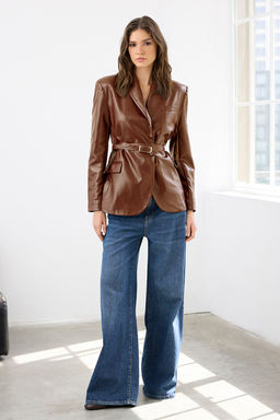Bordo Kemerli Kruvaze Kapamal? Suni Deri Dokuma Blazer Ceket TWOAW26BC00002 - Trendyolmilla фото 11