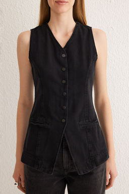 Trendyolmilla Siyah Dikis Detayl? Arkas? Kemer Tokal? Fitted/Vucuda Oturan Denim Yelek TWOSS25YE00022  фото 3