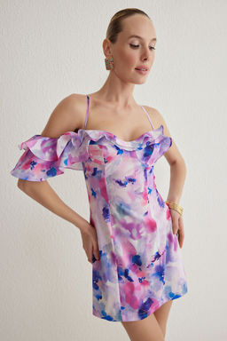 Cok Renkli Vucuda Oturan F?rf?rl? Cicek Desenli K?sa Abiye Gece Mezuniyet Elbisesi TPRSS25EL00171 - Trendyolmilla фото 2