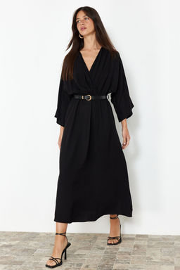 Siyah Kemerli A-line Kruvaze Yakal? Aerobin Midi Dokuma Elbise TWOSS24EL00992