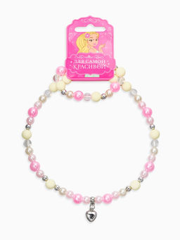 Набор детский «Выбражулька» 2 предмета: бусы, браслет d=6 см. сердце, розовый в серебре