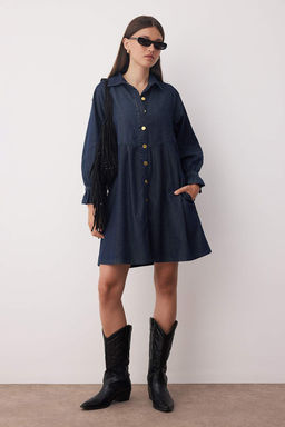 Koyu Mavi Pileli Kol Detayl? Mini Denim Gomlek Elbise TWOAW26EL00035