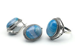 Кольцо Серьги с агатом тонированным, цв.голубой размер 17