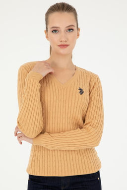 Женский базовый свитер светло-коричневого цвета с v-образным вырезом Неожиданная скидка в корзине - U.s. polo assn фото 3