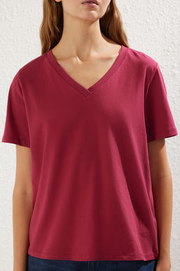 TRENDYOLMILLA Siyah-Beyaz %100 Pamuk 2li Paket Basic V Yaka Orme T-Shirt TWOSS23TS00002 фото 5