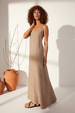 Kahverengi %100 Keten S?rt Detayl? Maxi Elbise TWOSS24EL00668