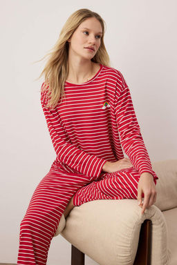 Trendyolmilla Lacivert Cizgili Gokkusag? Bask?l? Viskon Orme Pijama Tak?m? THMAW25PT00014 фото 6