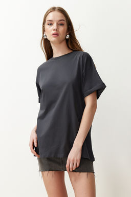 TRENDYOLMILLA Beyaz %100 Pamuk Bisiklet Yaka Oversize/Genis Kal?p Orme T-Shirt TWOSS20TS0134  фото 41