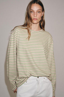 CAMISETA ALGOD?N Y LINO RAYAS / Rosa pastel - Zara фото 28