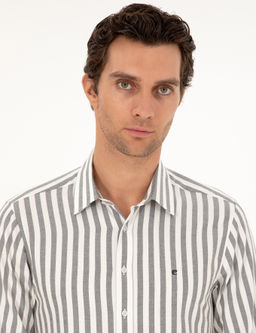 Gri Slim Fit _izgili Pamuk G_mlek