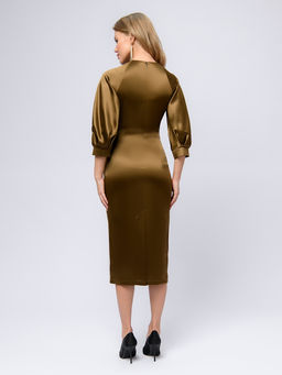 Платье бронзового цвета длины миди с пышными рукавами - 1001dress фото 6