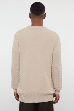 Bej Regular Pamuklu Bisiklet Yaka Dokulu Triko Kazak TMNAW25KZ00026