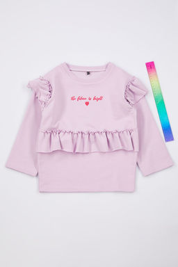 Lila K?z Cocuk Slogan Bask?l? F?rf?r Detayl? Orme Sweatshirt TKDAW25SW00033