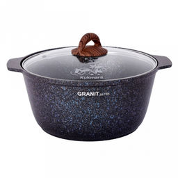 Кастрюля с антипригарным покрытием 5л, д28см "Granit Ultra", h12см, толщина дна 0,6см, стеклянная жаропрочная крышка, цельнолитая ручка из термостойкого пластика, голубой гранит, "Kukmara" (Россия) - можно использовать металлические кухонные принадле